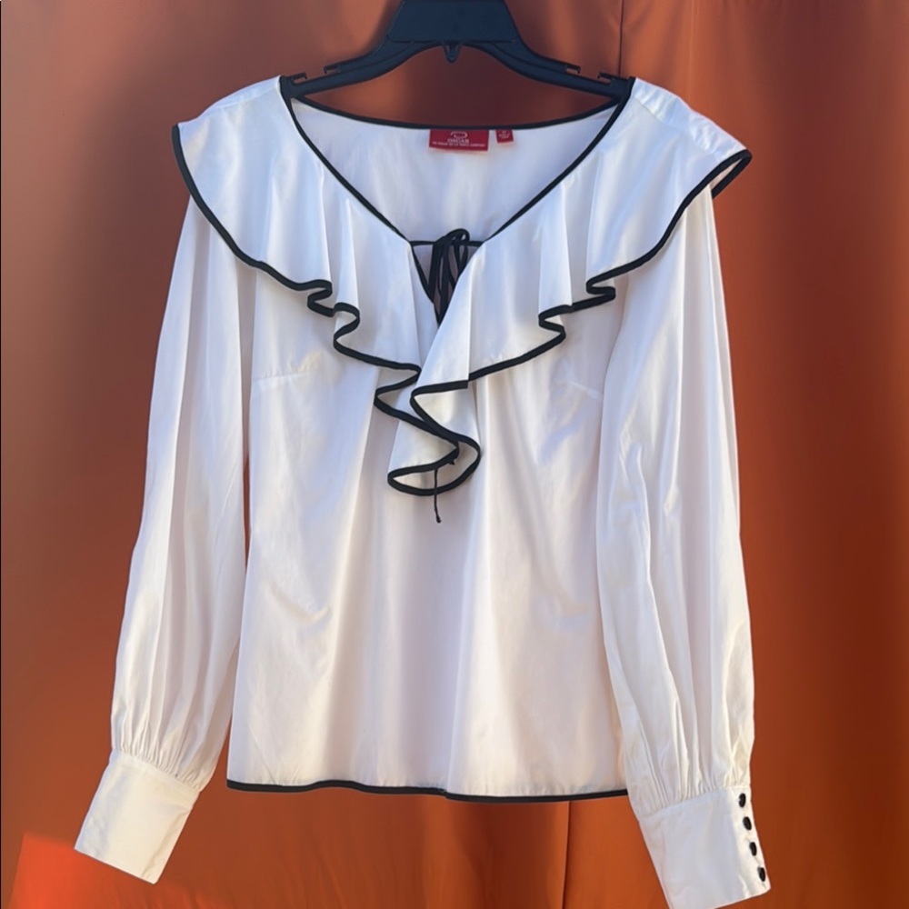 Oscar de la Renta White Blouse with Black Trim